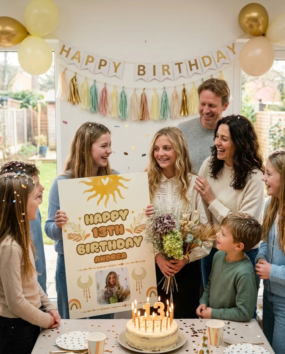 Friends and family celebrating with the personalised Boho Theme Birthday Party Mega Card