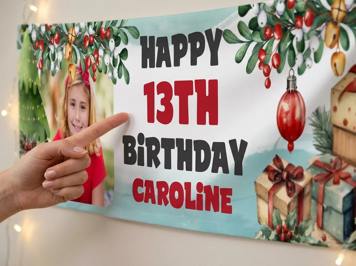 Close-up of the personalised name and photo printed on the Red Christmas Gifts Theme Birthday Party Banner