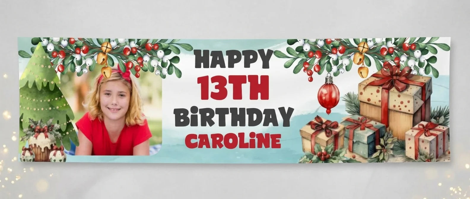 Personalised Red Christmas Gifts Theme Birthday Party Banner displayed against a plain studio background