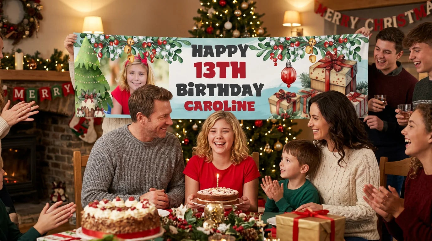 Friends and family celebrating with the personalised Red Christmas Gifts Theme Birthday Party Banner