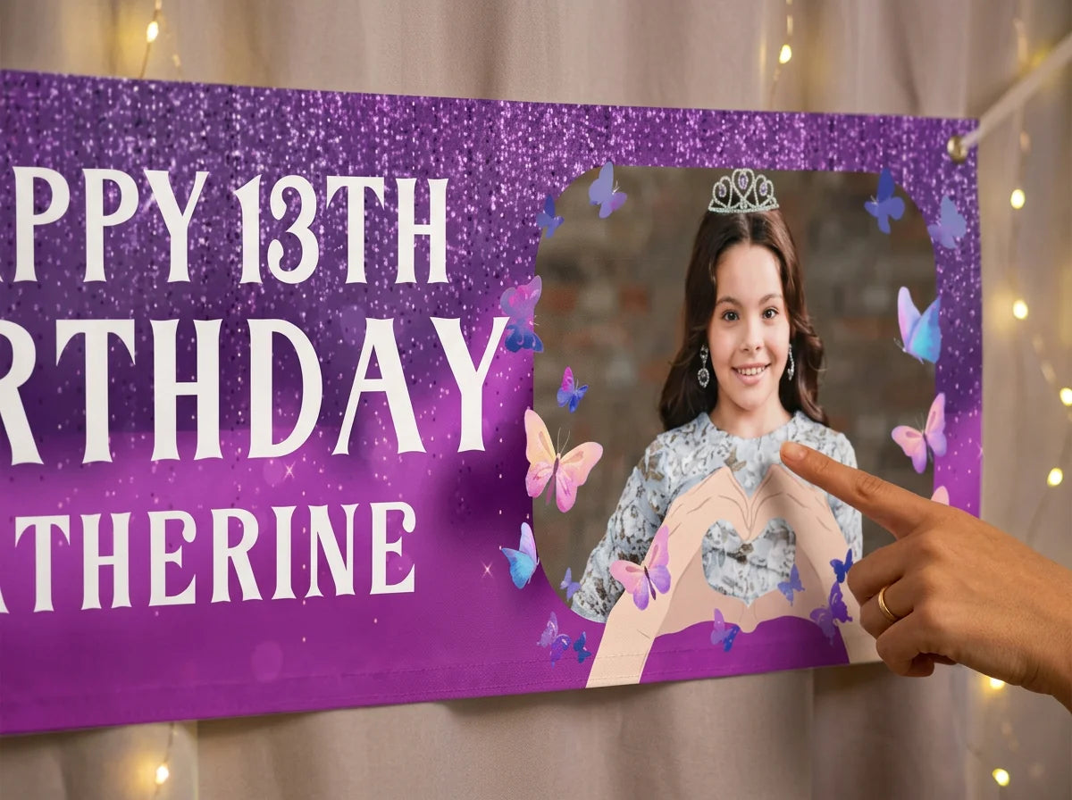 Close-up of the personalised name and photo printed on the The Eras Tour Theme Birthday Party Banner