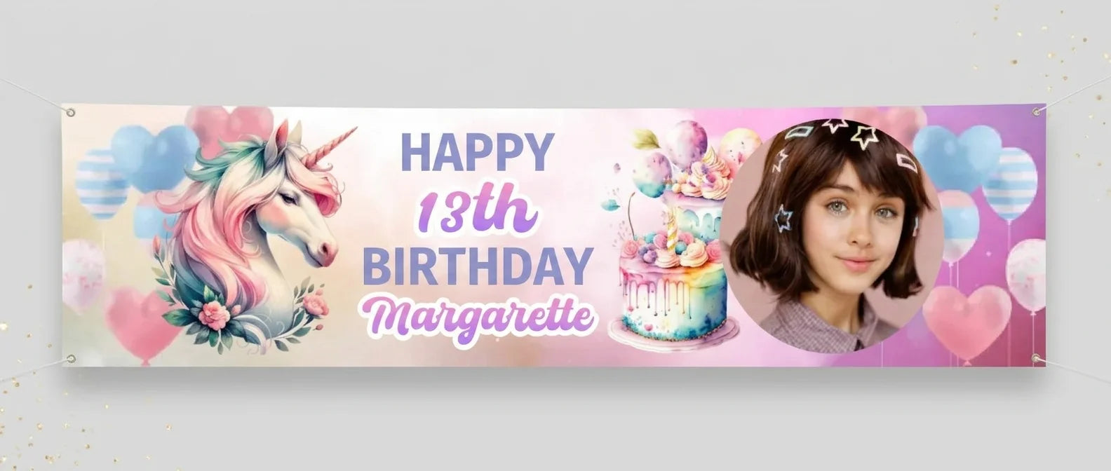 Personalised Colorful Unicorn Theme Birthday Party Banner displayed against a plain studio background