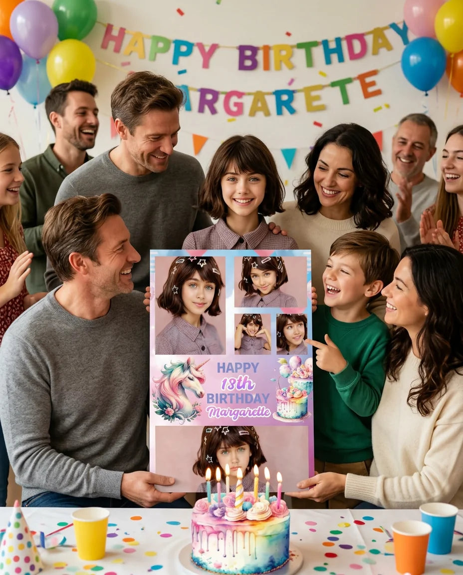 Friends and family celebrating with the personalised Colorful Unicorn Theme Birthday Party Mega Card