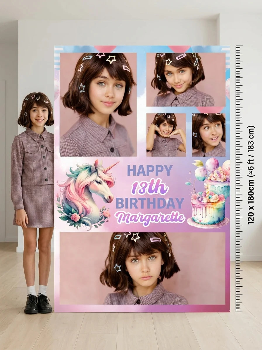 Person standing beside the Colorful Unicorn Theme Birthday Party Mega Card for scale in a size guide