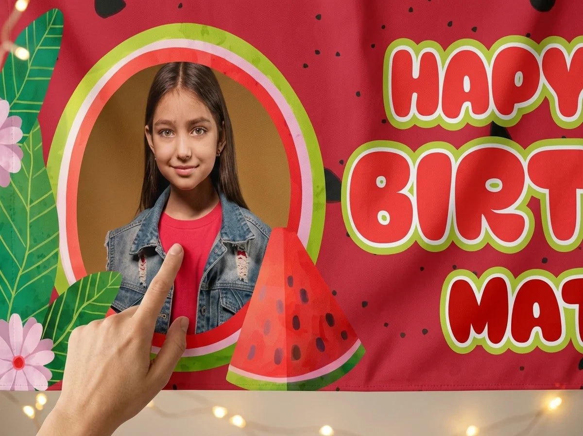 Close-up of the personalised name and photo printed on the Watermelon Theme Birthday Party Banner