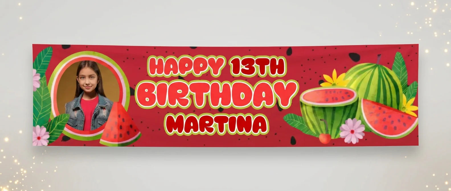 Personalised Watermelon Theme Birthday Party Banner displayed against a plain studio background