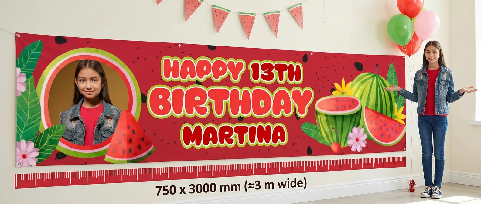Person standing beside the Watermelon Theme Birthday Party Banner for scale, with size guide showing 750 x 3000 mm