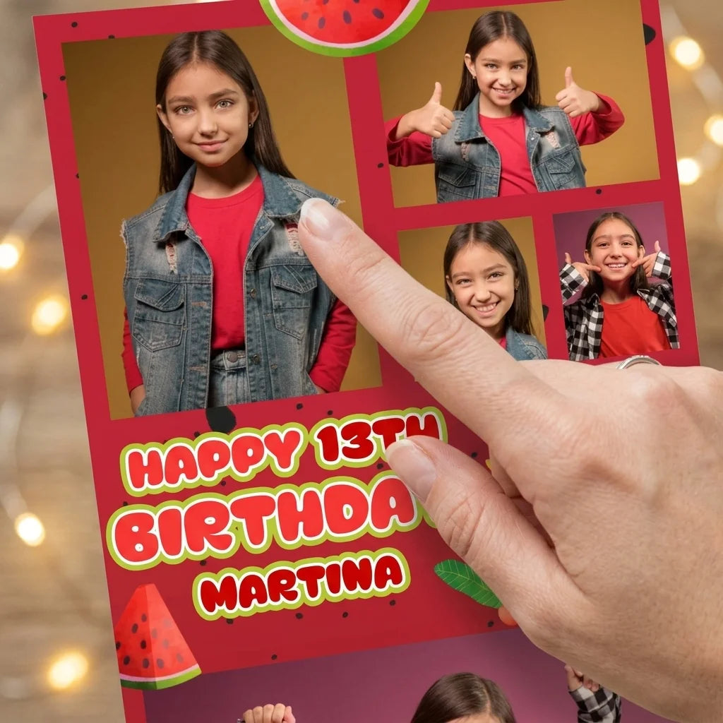 Close-up of the personalised name and photo printed on the Watermelon Theme Birthday Party Mega Card
