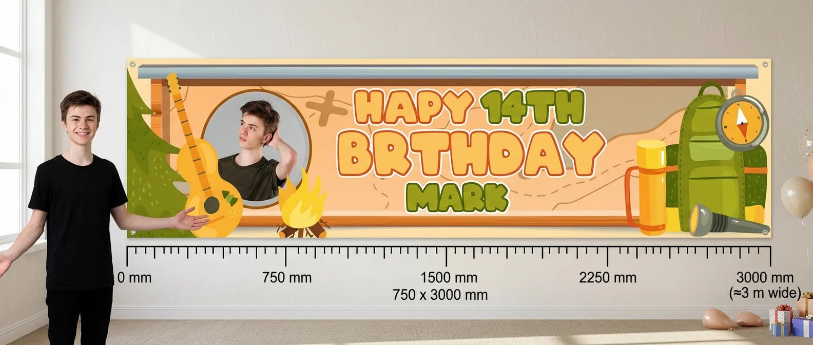 Person standing beside the Camping Theme Birthday Party Banner for scale, with size guide showing 750 x 3000 mm