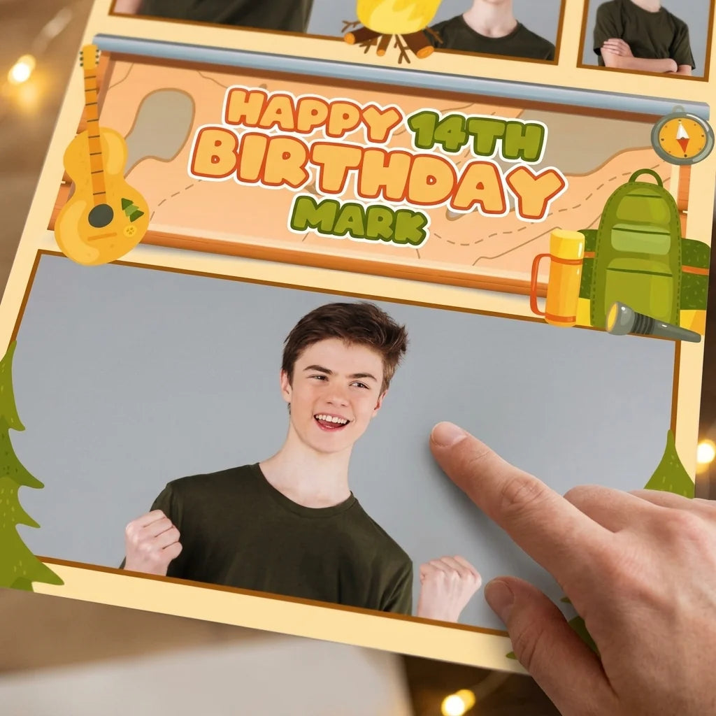 Close-up of the personalised name and photo printed on the Camping Theme Birthday Party Mega Card