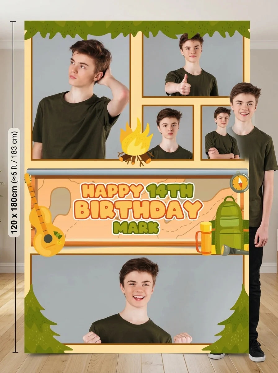Person standing beside the Camping Theme Birthday Party Mega Card for scale in a size guide