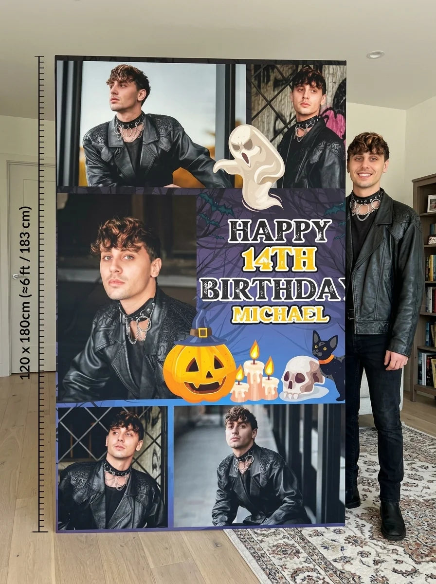 Person standing beside the Halloween Theme Birthday Party Mega Card for scale in a size guide