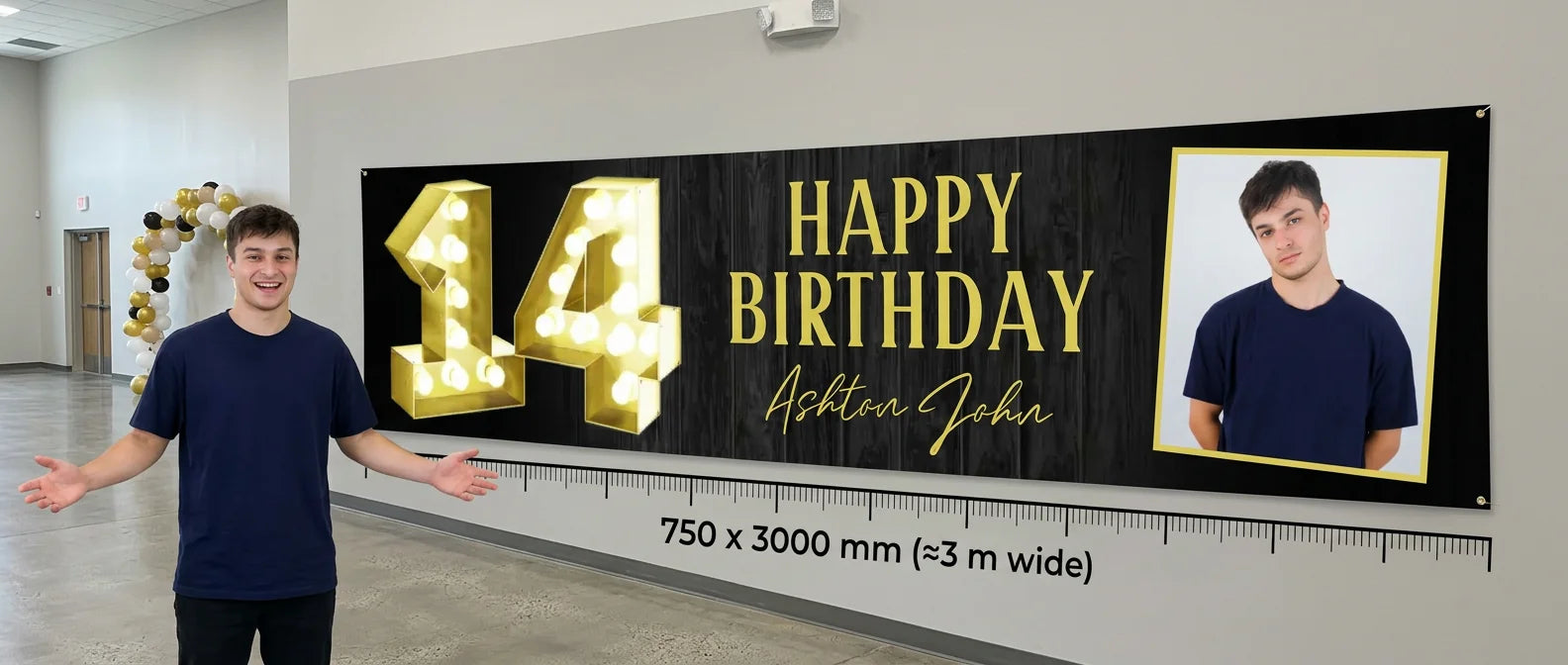 Person standing beside the Marquee Number 14 Birthday Party Banner for scale, with size guide showing 750 x 3000 mm