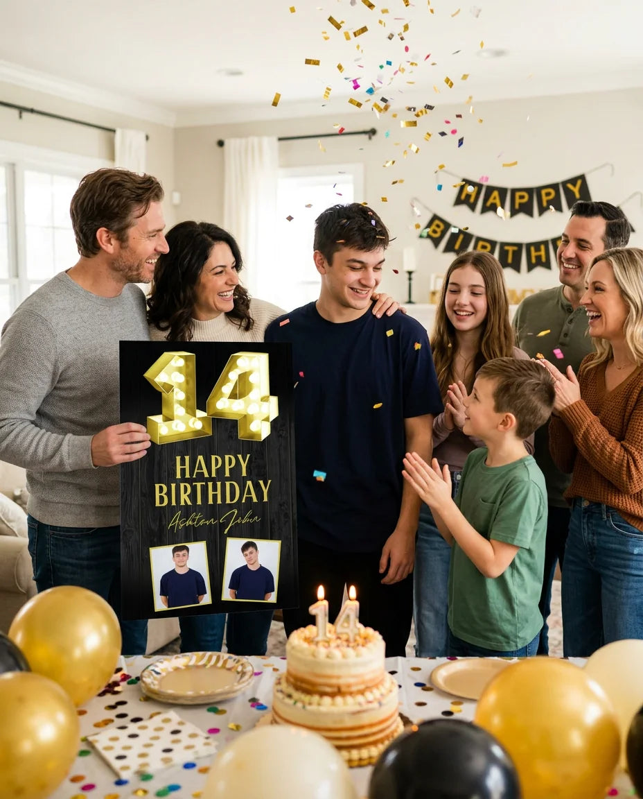 Friends and family celebrating with the personalised Marquee Number 14 Birthday Party Mega Card