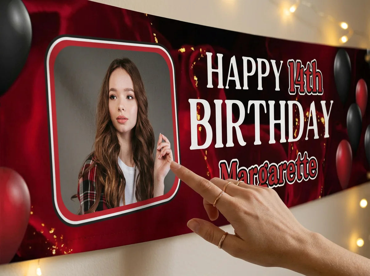Close-up of the personalised name and photo printed on the Red and Black Theme Birthday Party Banner