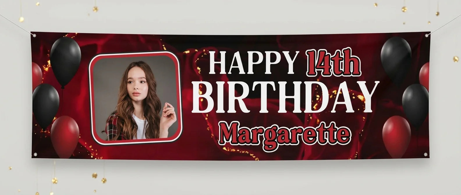 Personalised Red and Black Theme Birthday Party Banner displayed against a plain studio background