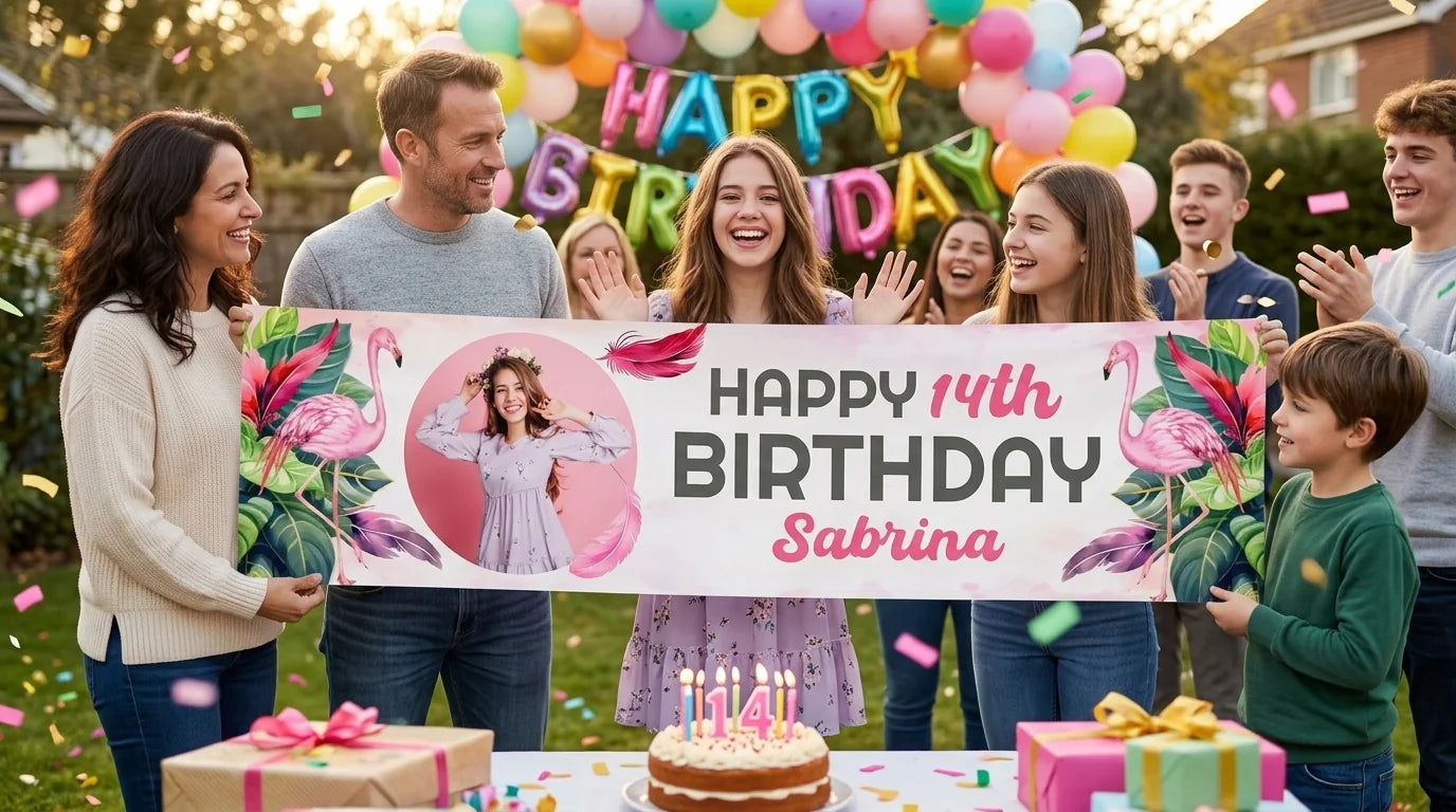 Friends and family celebrating with the personalised Tropical Flamingo Theme Birthday Party Banner