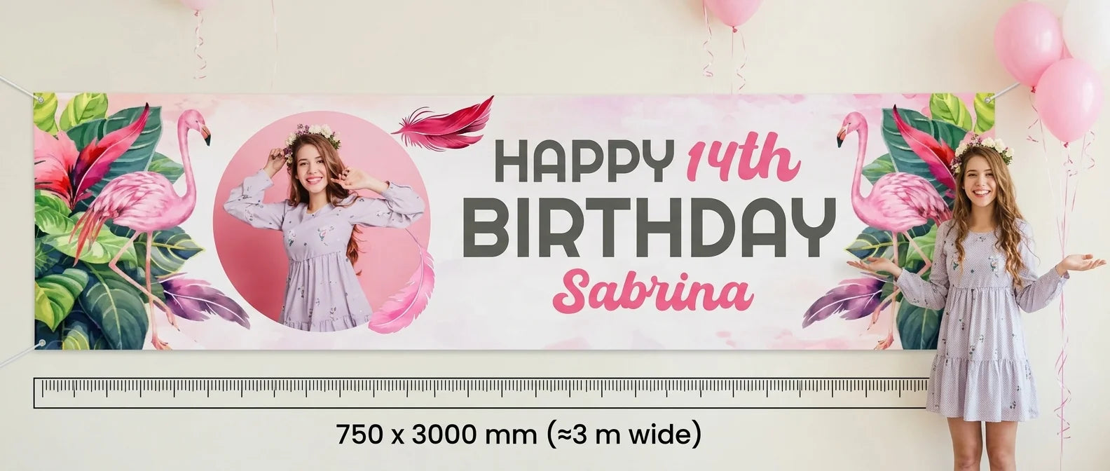 Person standing beside the Tropical Flamingo Theme Birthday Party Banner for scale, with size guide showing 750 x 3000 mm