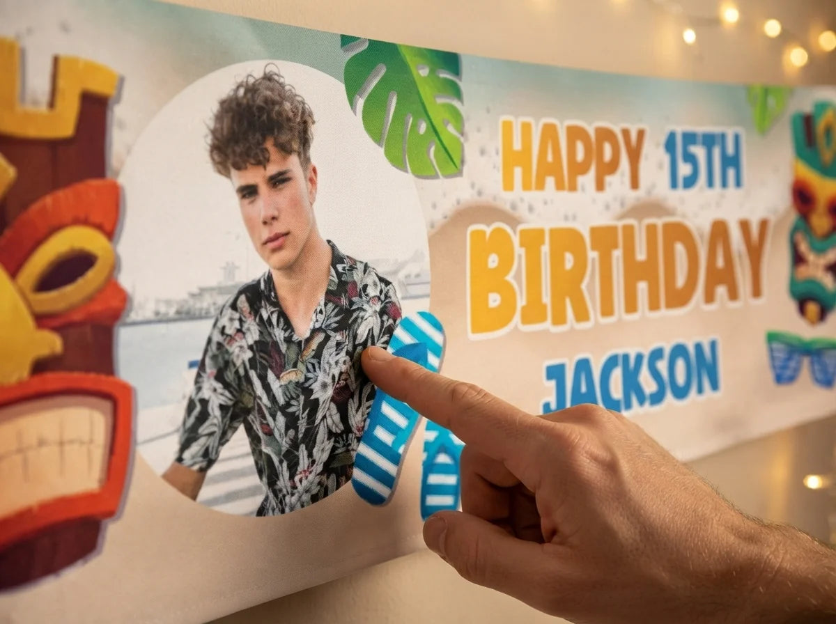 Close-up of the personalised name and photo printed on the Luau Theme Birthday Party Banner