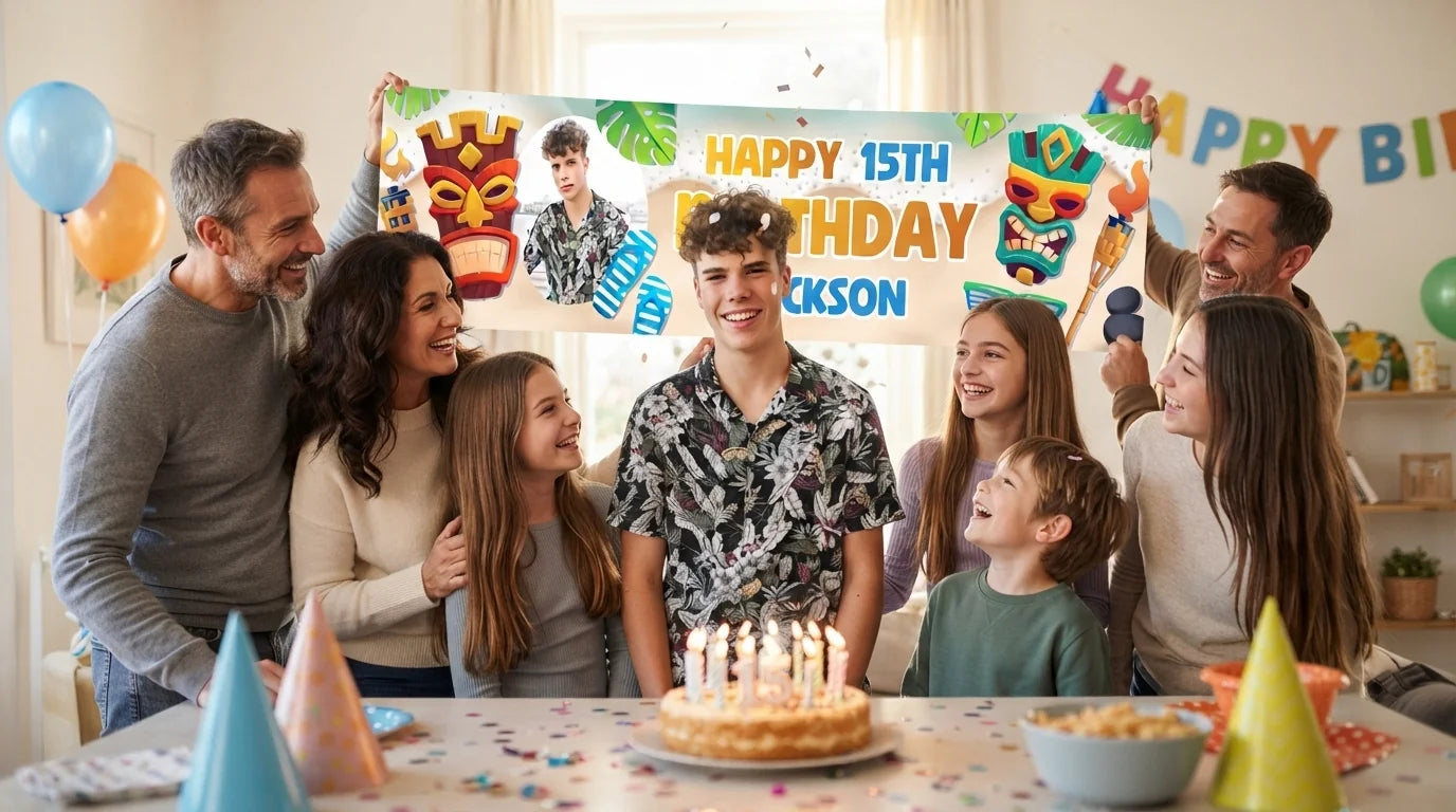 Friends and family celebrating with the personalised Luau Theme Birthday Party Banner