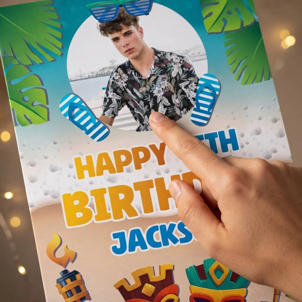 Close-up of the personalised name and photo printed on the Luau Theme Birthday Party Mega Card