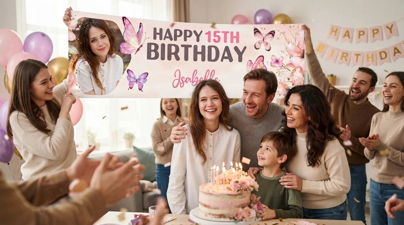 Friends and family celebrating with the personalised Pink Butterfly Floral Theme Birthday Party Banner