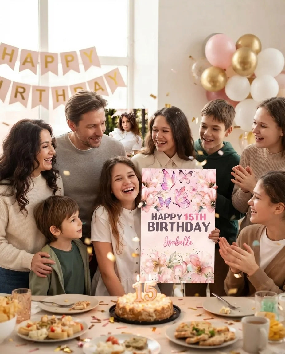 Friends and family celebrating with the personalised Pink Butterfly Floral Theme Birthday Party Mega Card