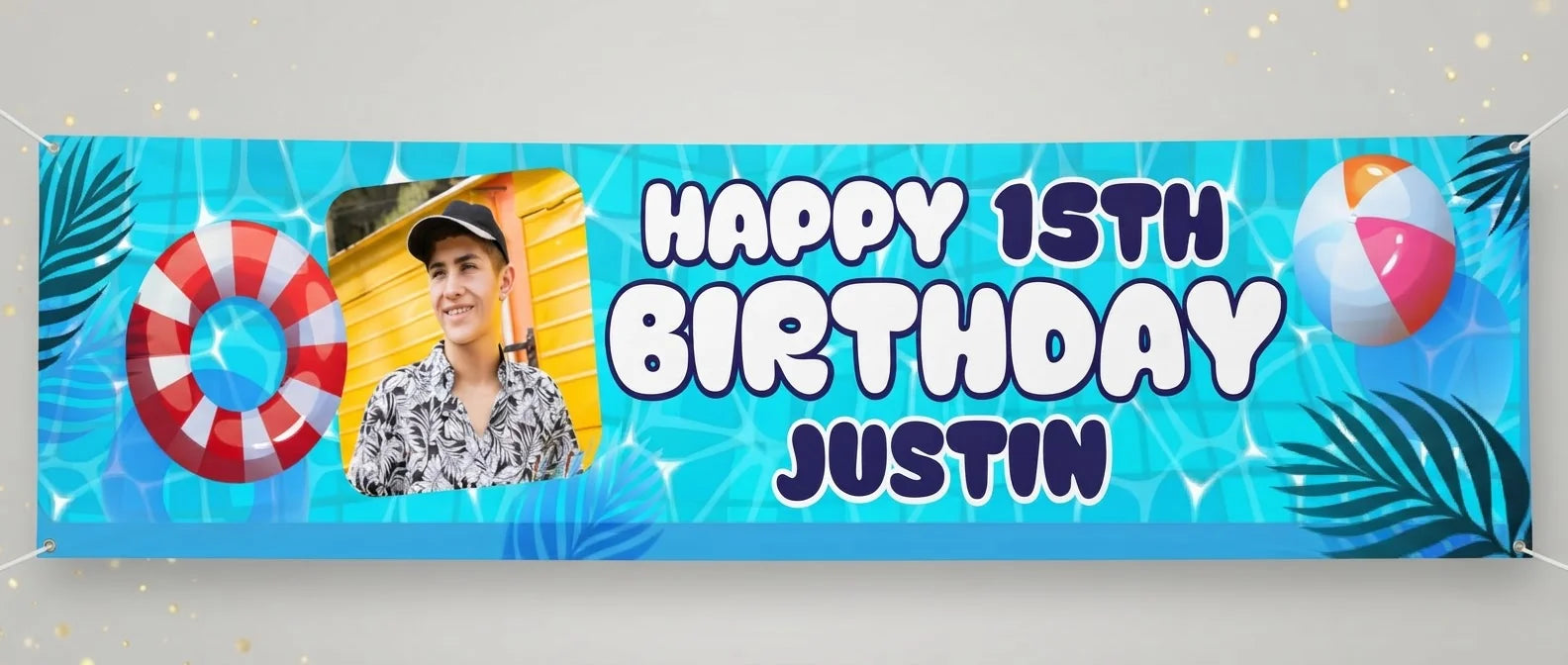 Personalised Summer Pool Theme Birthday Party Banner displayed against a plain studio background
