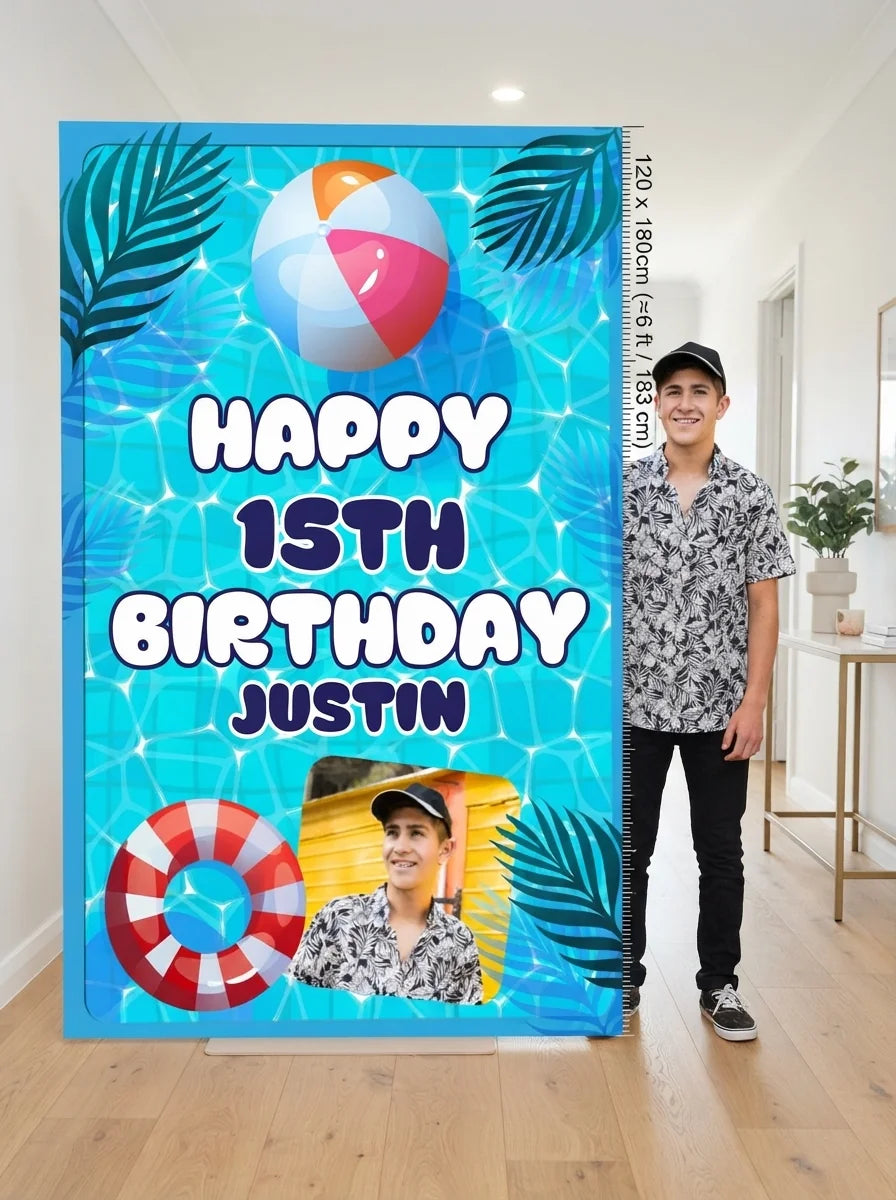 Person standing beside the Summer Pool Theme Birthday Party Mega Card for scale in a size guide