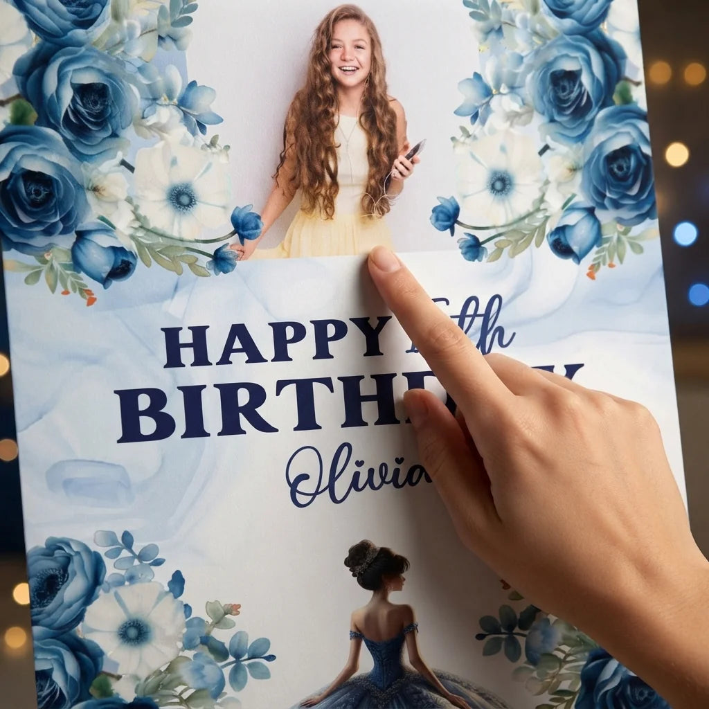 Close-up of the personalised name and photo printed on the Quinceanera Birthday Party Mega Card