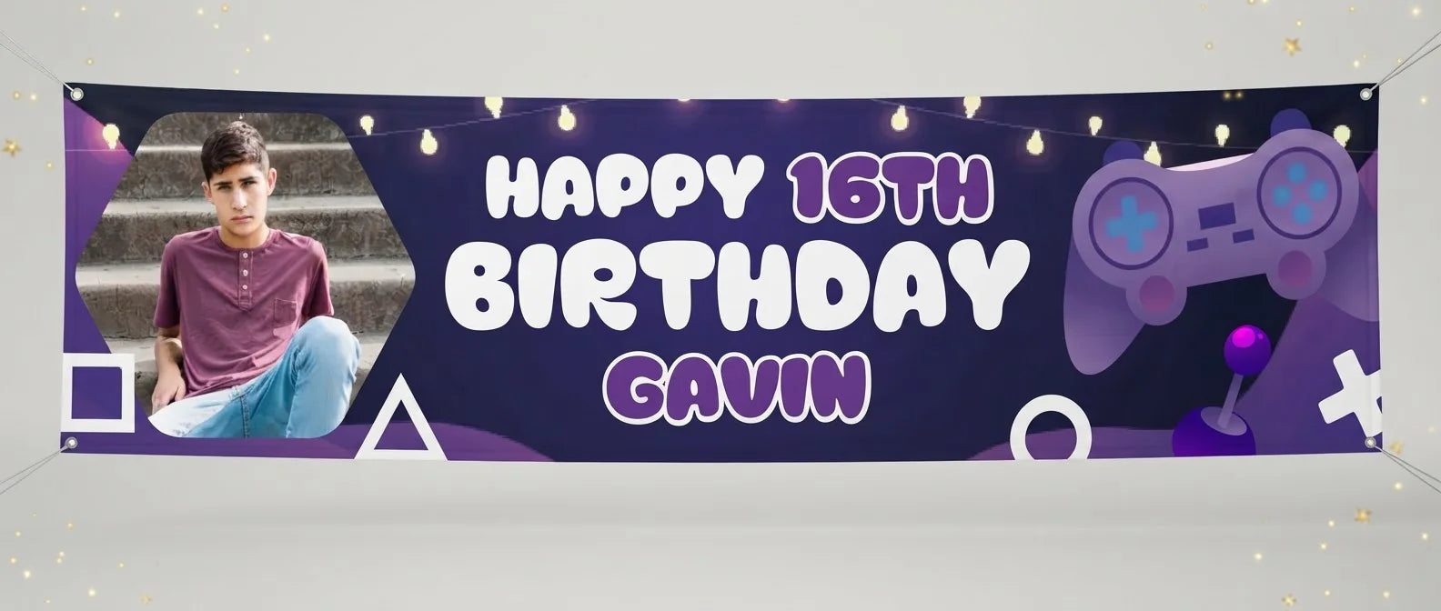 Personalised Gamer Theme Birthday Party Banner displayed against a plain studio background