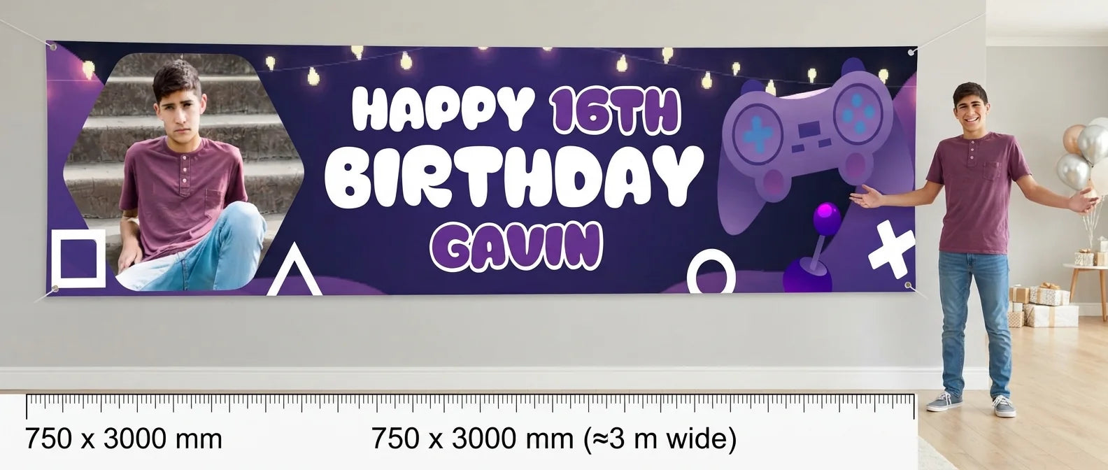 Person standing beside the Gamer Theme Birthday Party Banner for scale, with size guide showing 750 x 3000 mm