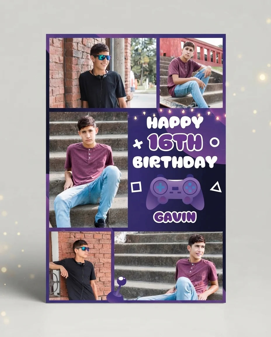 Personalised Gamer Theme Birthday Party Mega Card displayed against a plain studio background