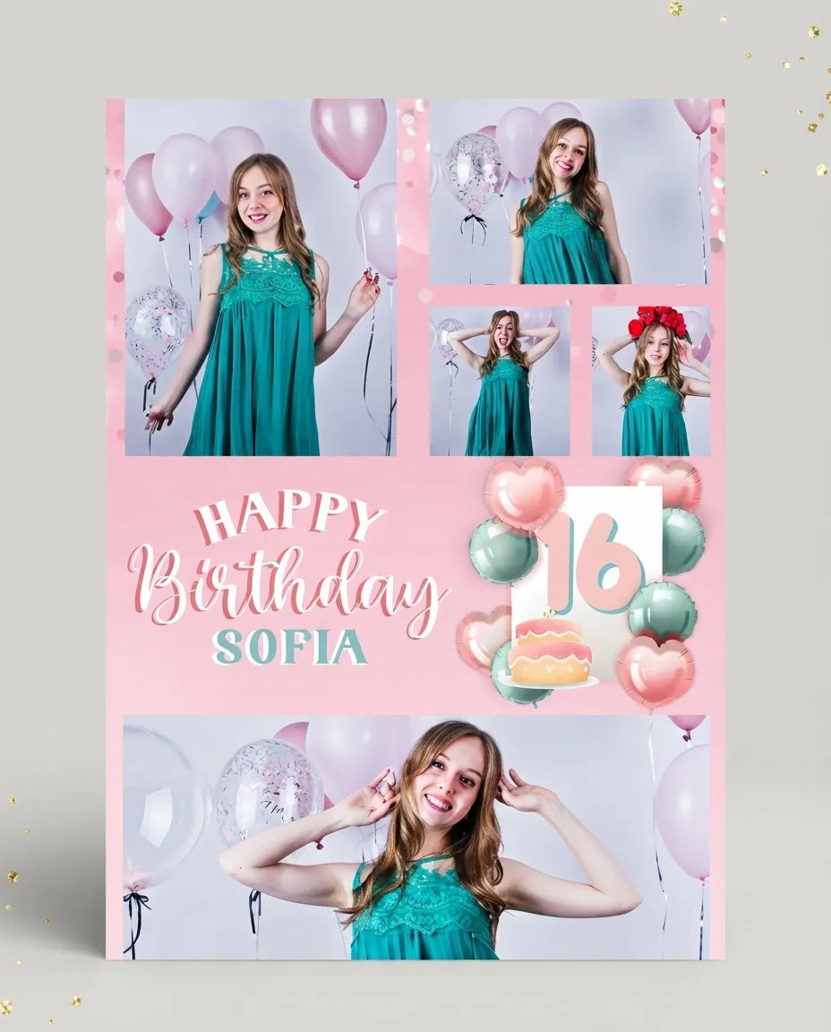 Personalised Pink and Mint Theme Birthday Party Mega Card displayed against a plain studio background