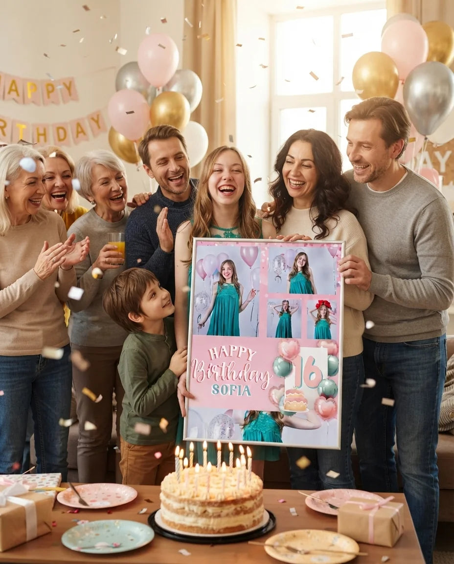 Friends and family celebrating with the personalised Pink and Mint Theme Birthday Party Mega Card