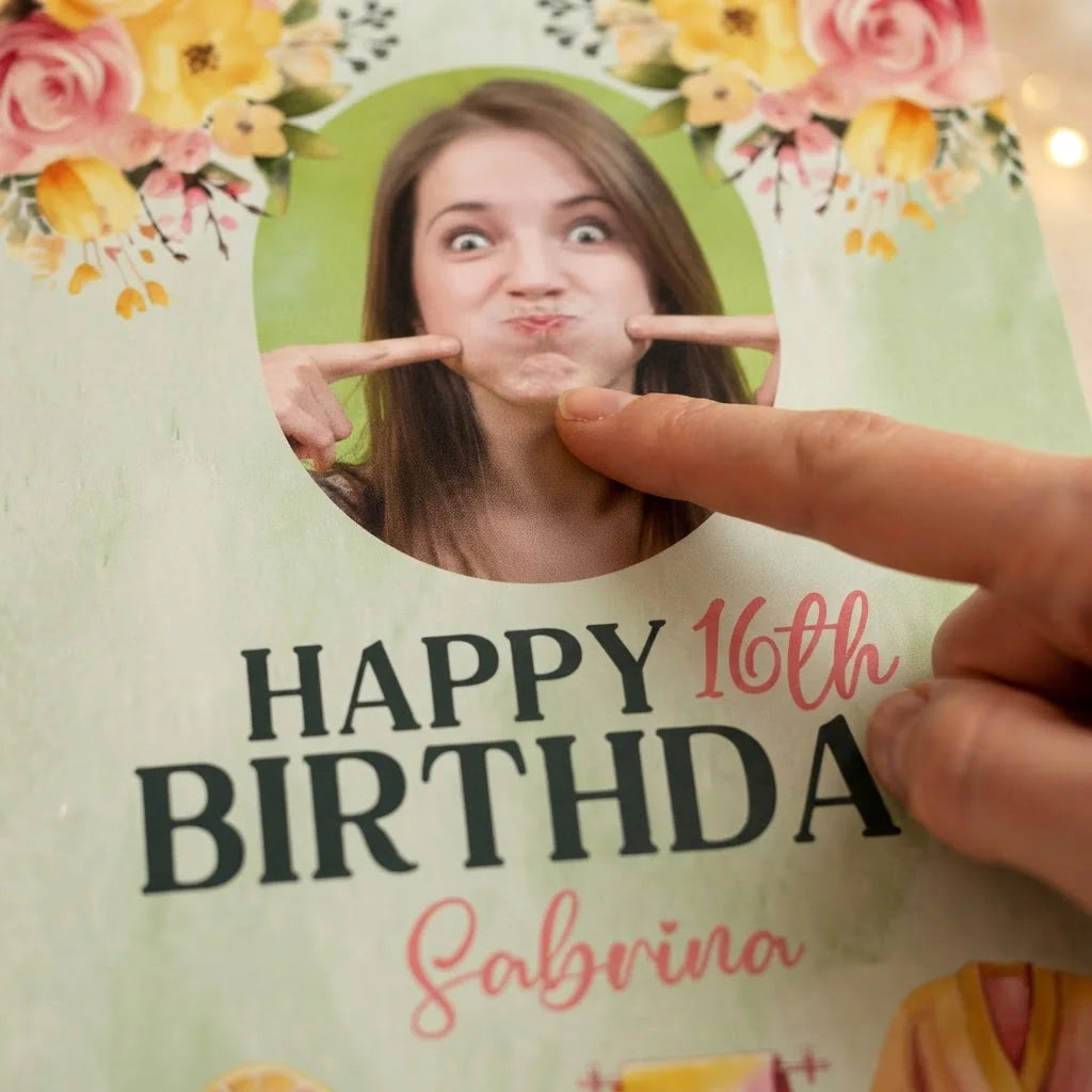 Close-up of the personalised name and photo printed on the Pink Lemonade Spa Theme Birthday Party Mega Card