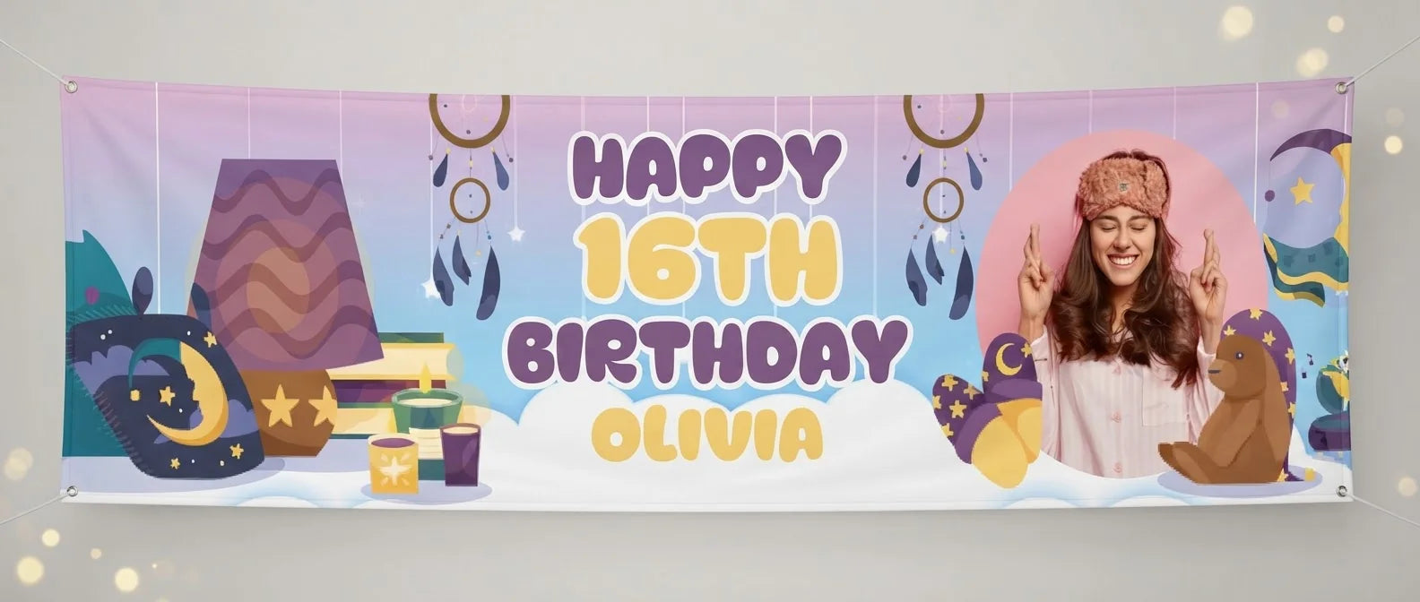 Personalised Slumber Theme Birthday Party Banner displayed against a plain studio background