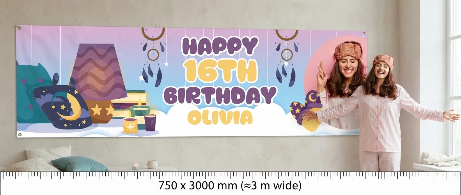 Person standing beside the Slumber Theme Birthday Party Banner for scale, with size guide showing 750 x 3000 mm