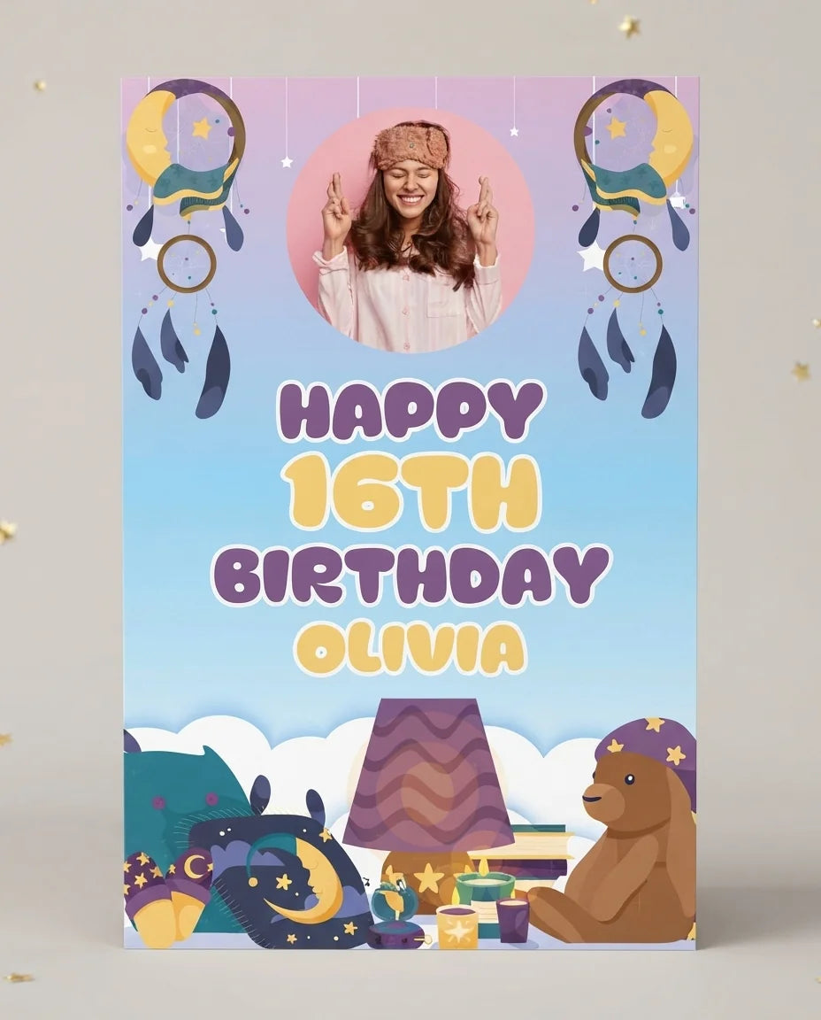 Personalised Slumber Theme Birthday Party Mega Card displayed against a plain studio background