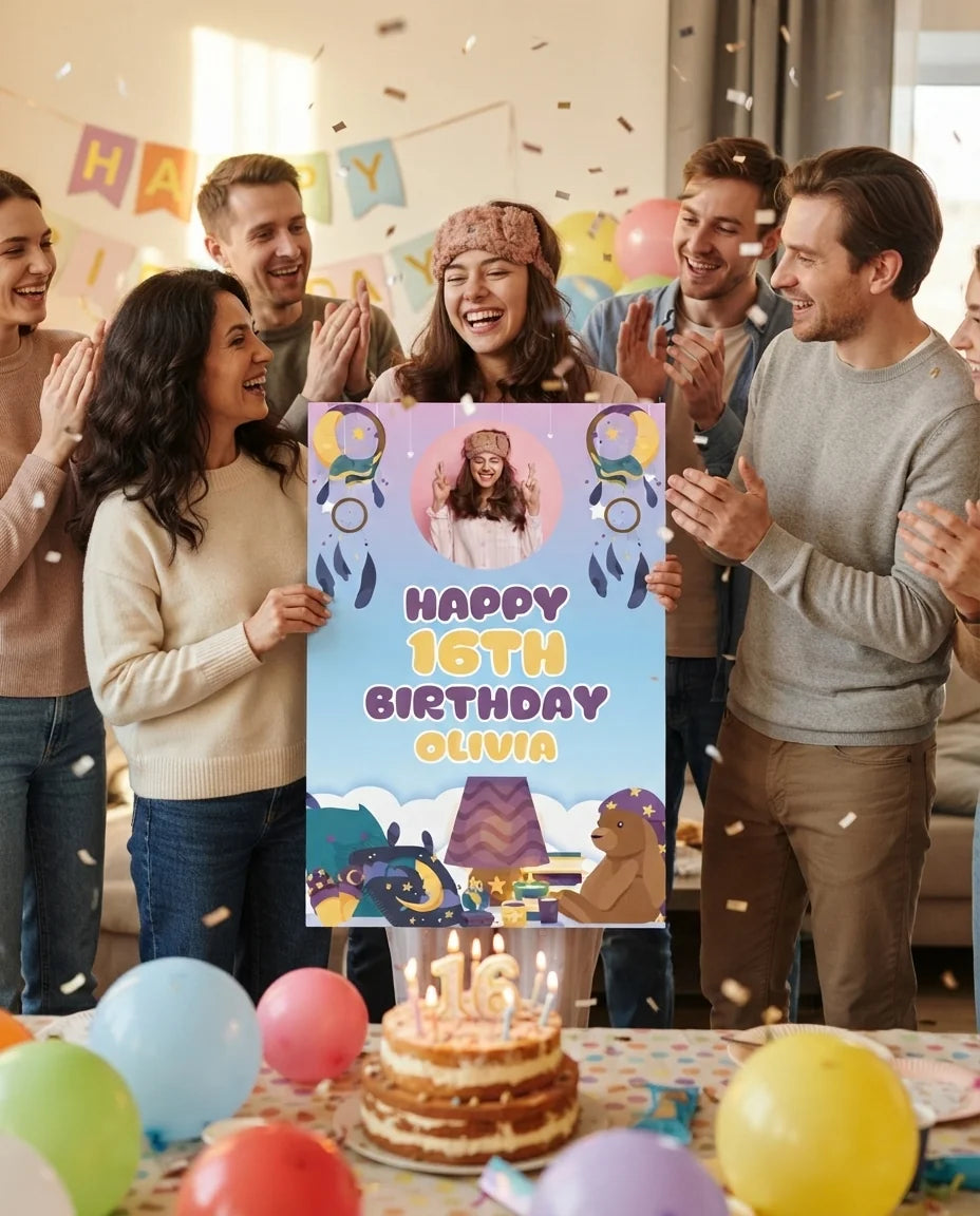 Friends and family celebrating with the personalised Slumber Theme Birthday Party Mega Card
