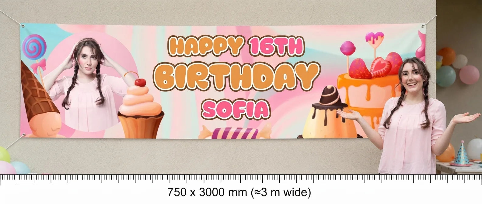 Person standing beside the Sweet Sixteen Theme Birthday Party Banner for scale, with size guide showing 750 x 3000 mm
