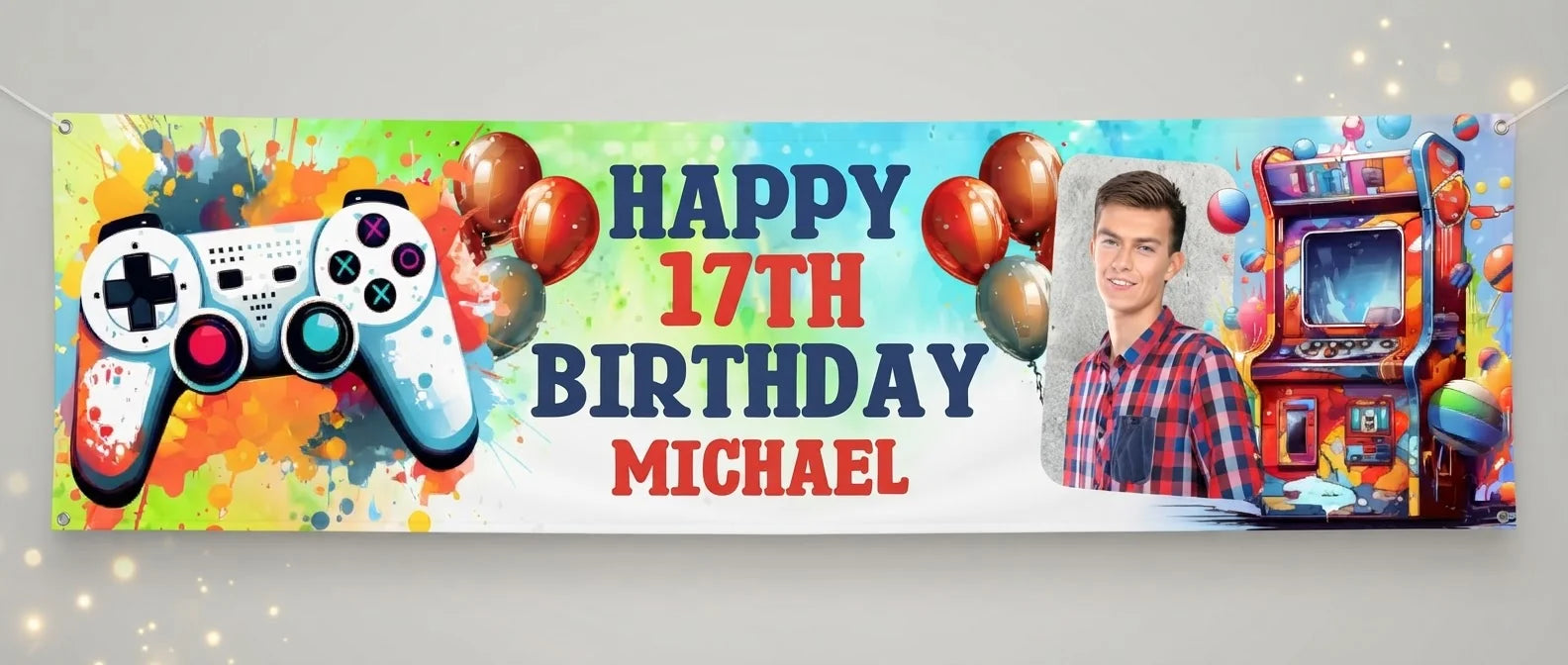 Personalised Arcade Gamer Theme Birthday Party Banner displayed against a plain studio background