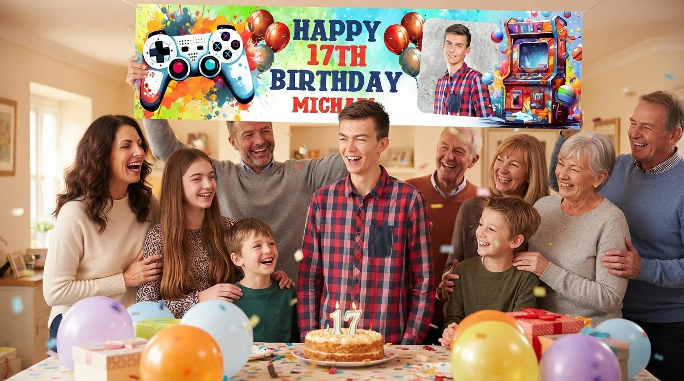 Friends and family celebrating with the personalised Arcade Gamer Theme Birthday Party Banner