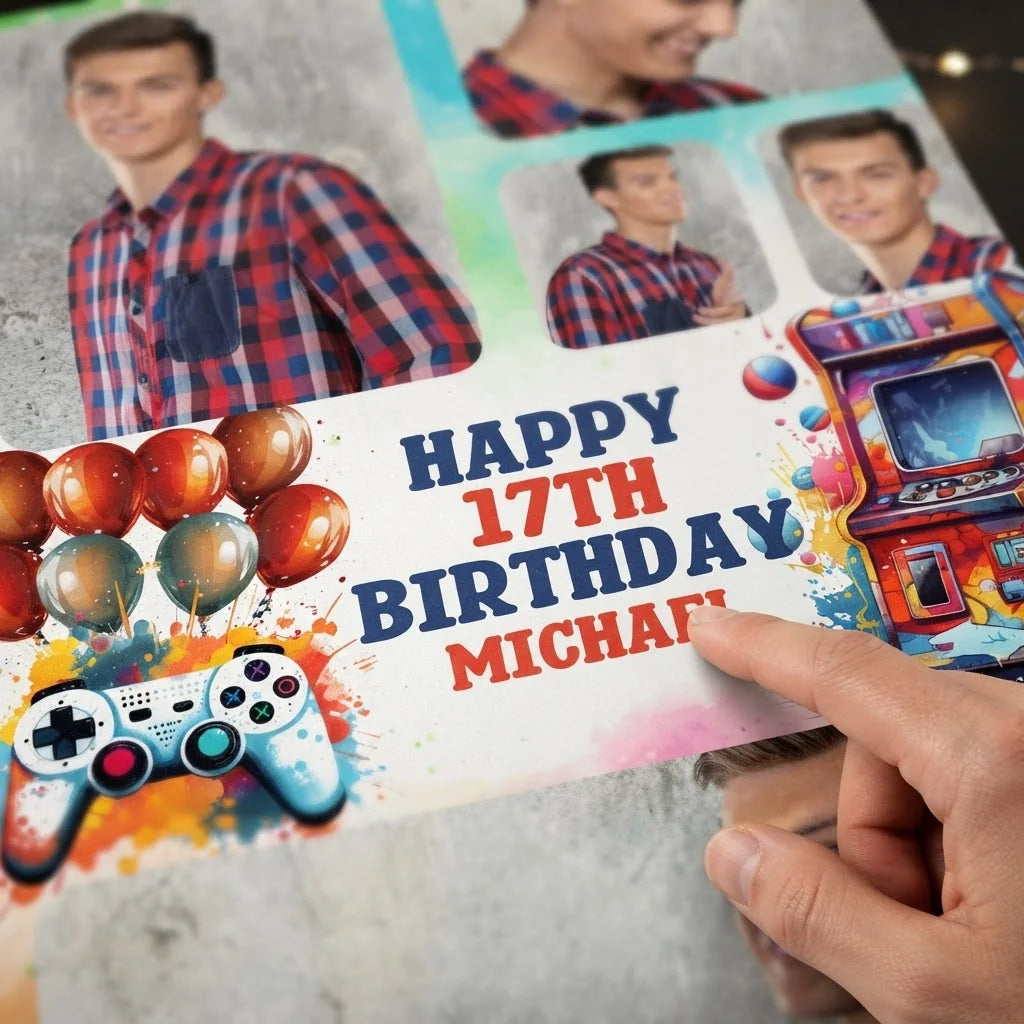 Close-up of the personalised name and photo printed on the Arcade Gamer Theme Birthday Party Mega Card