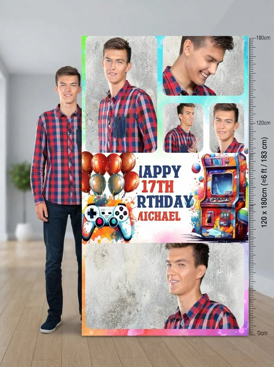 Person standing beside the Arcade Gamer Theme Birthday Party Mega Card for scale in a size guide