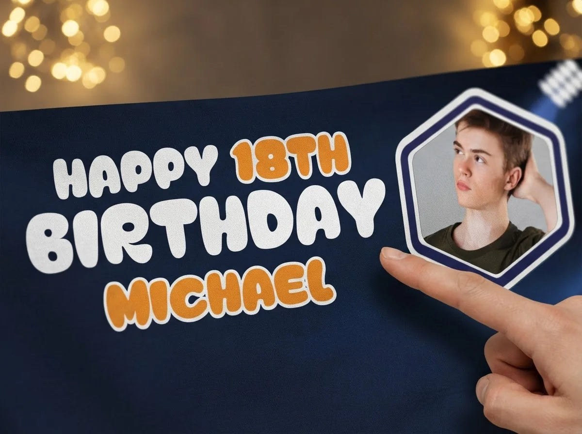 Close-up of the personalised name and photo printed on the Basketball Theme Birthday Party Banner