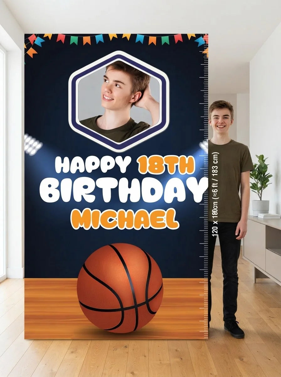 Person standing beside the Basketball Theme Birthday Party Mega Card for scale in a size guide