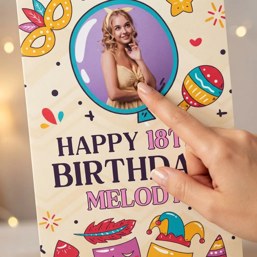 Close-up of the personalised name and photo printed on the Carnival Theme Birthday Party Mega Card
