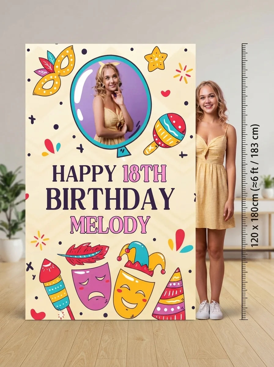 Person standing beside the Carnival Theme Birthday Party Mega Card for scale in a size guide