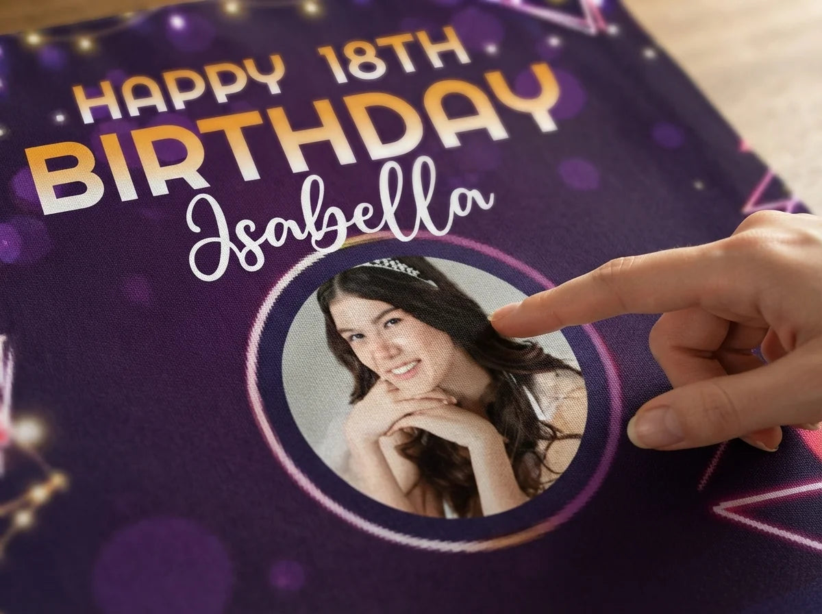 Close-up of the personalised name and photo printed on the Music Glow Theme Birthday Party Banner
